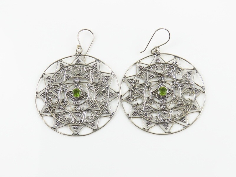 Sterling Silver, Large Size, Peridot Gemstone, Round Dangle Earrings ER-1151