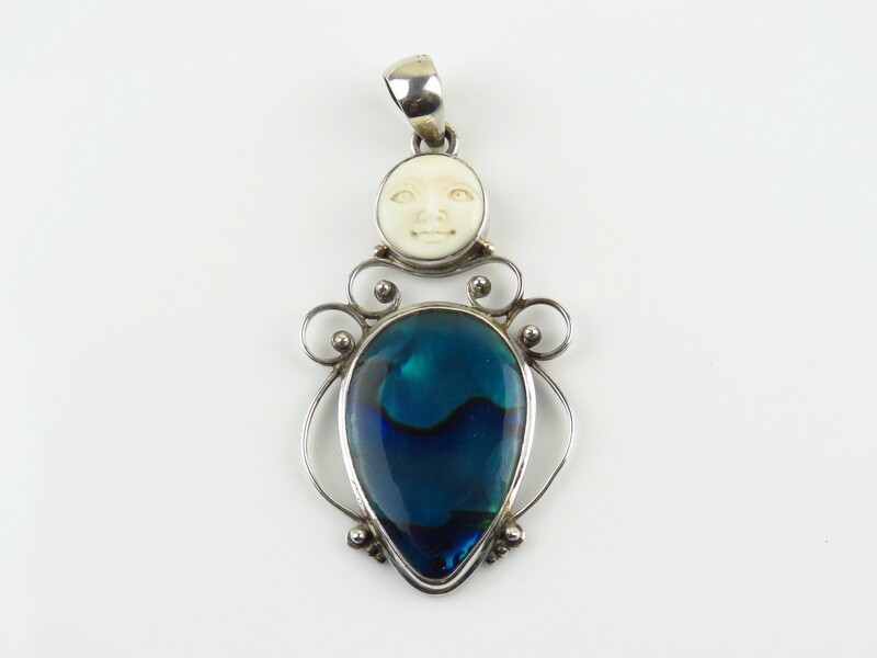 Sterling Silver, Abalone Shell, Carved Bone, Moonface Pendant BP-137