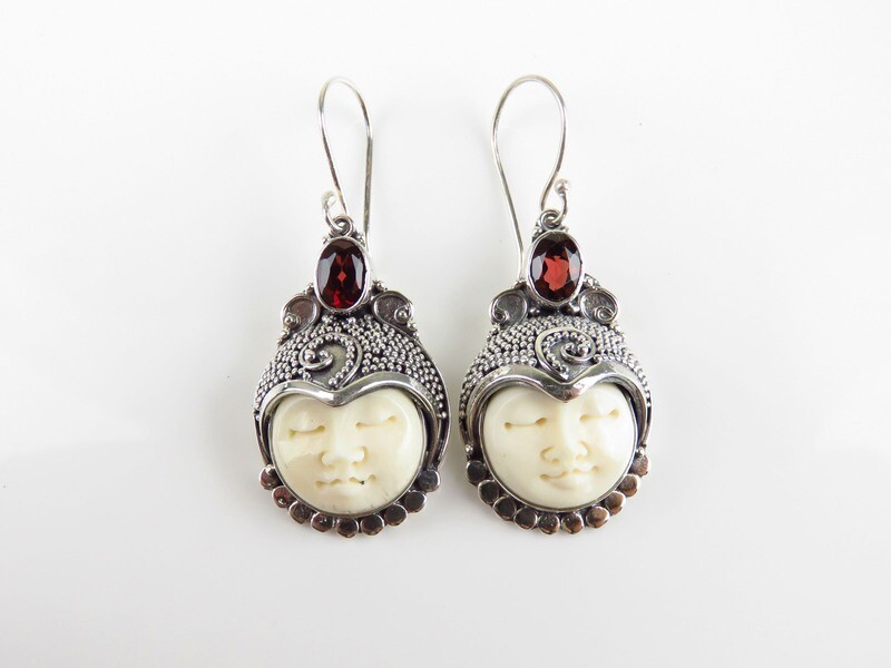 Sterling Silver, Garnet, Carved Bone, Goddess Dangle Earrings GJ-145