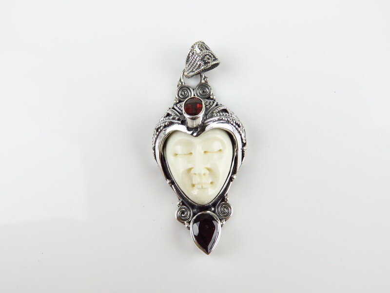 Sterling Silver, Garnet, Carved Bone, Goddess Pendant GJ-144
