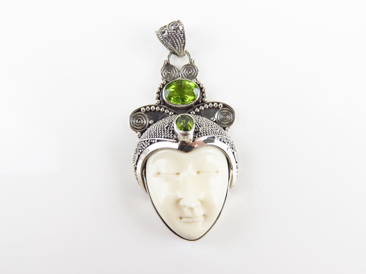Sterling Silver,Peridot, Carved Bone, Goddess Pendant GJ-150