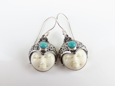 Sterling Silver, Turquoise, Carved Bone, Goddess Dangle Earrings GJ-152
