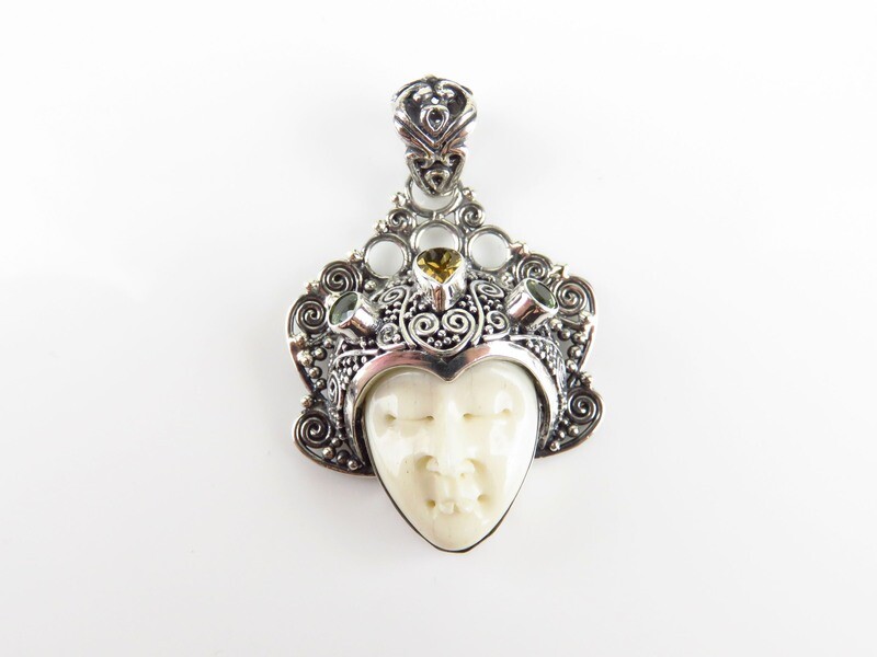 Sterling Silver, Citrine, Peridot, Carved Bone, Goddess Pendant GJ-148