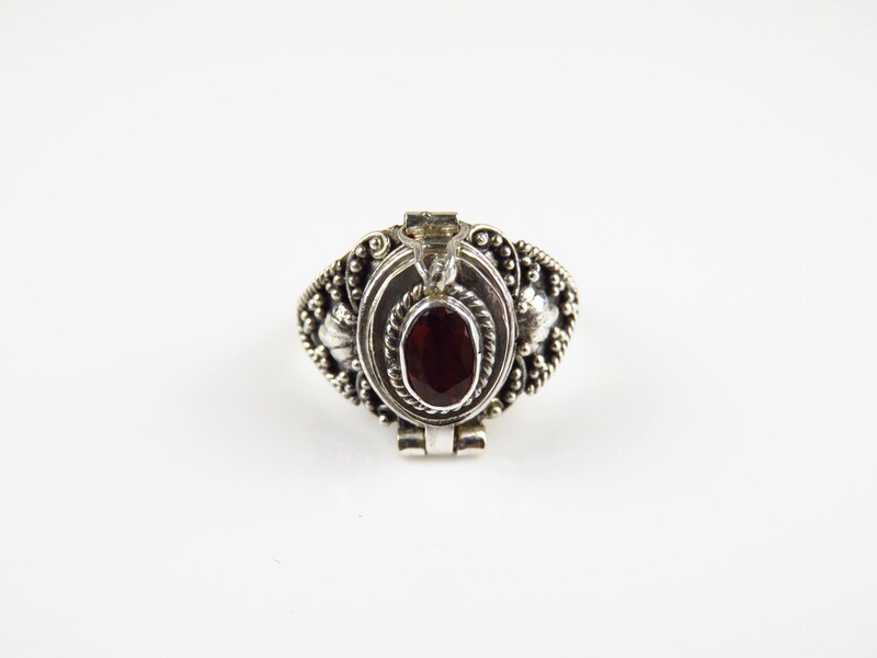 Sterling Silver, Garnet, Bali Motif, Locket Ring LR-142