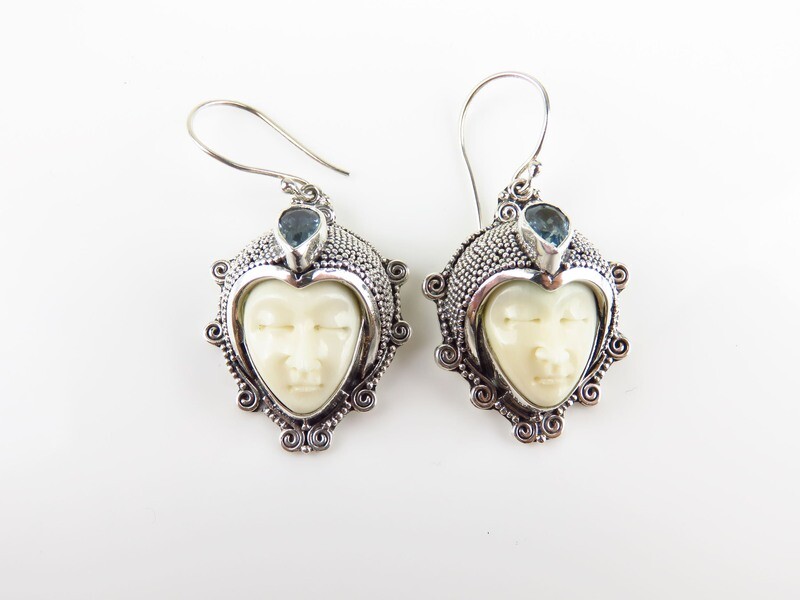 Sterling Silver, Blue Topaz, Carved Bone, Goddess Dangle Earrings GJ-149