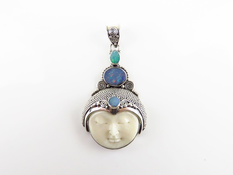 Sterling Silver, Opal, Carved Bone, Goddess Pendant GJ-156