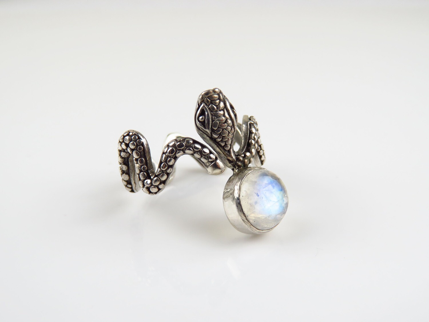 Sterling Silver,Rainbow Moonstone Gemstone, Snake Design Ring RI-1131