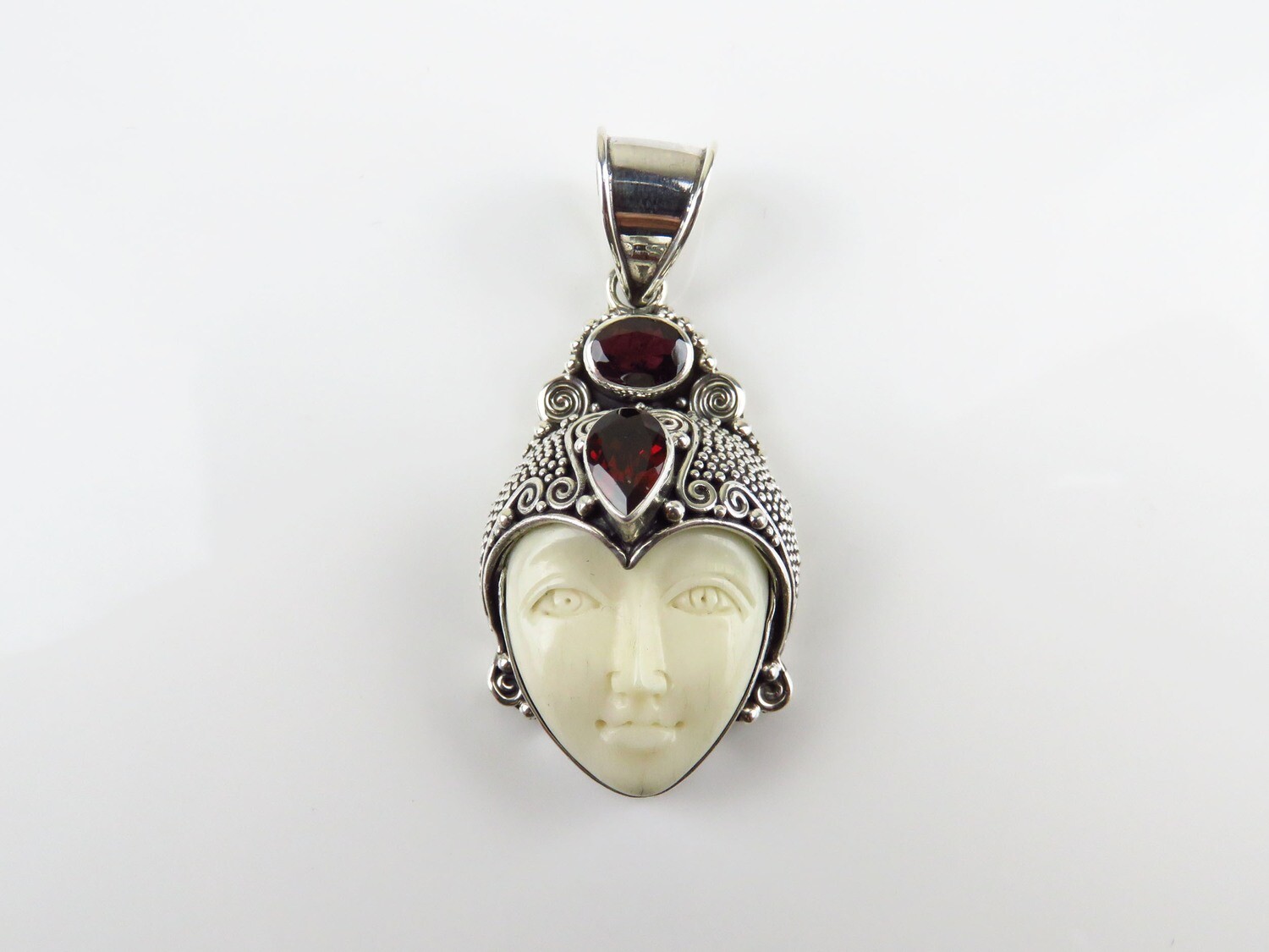 Sterling Silver, Garnet, Carved Bone, Goddess Pendant GJ-155