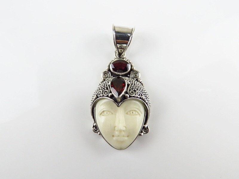 Sterling Silver, Garnet, Carved Bone, Goddess Pendant GJ-155
