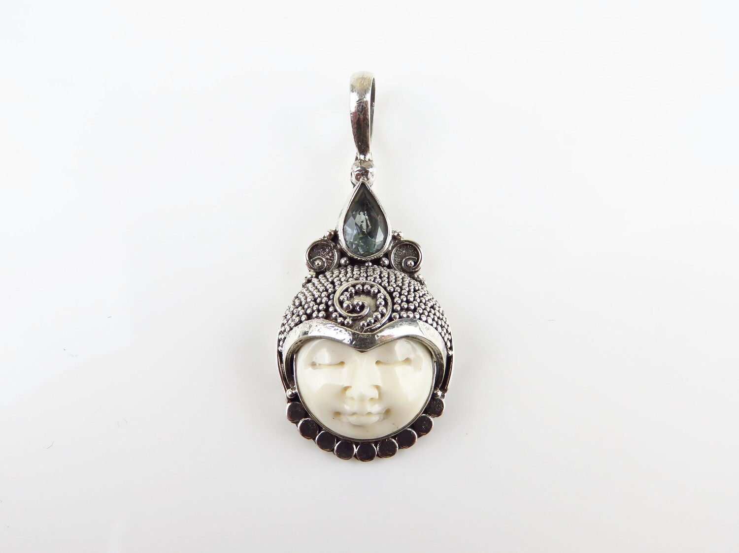 Sterling Silver, Blue Topaz, Carved Bone, Goddess Pendant GJ-154