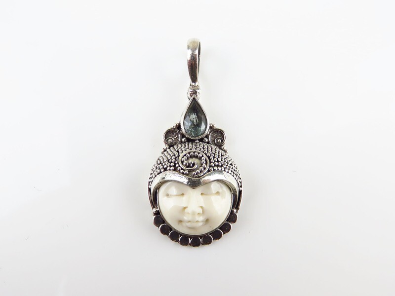 Sterling Silver, Blue Topaz, Carved Bone, Goddess Pendant GJ-154