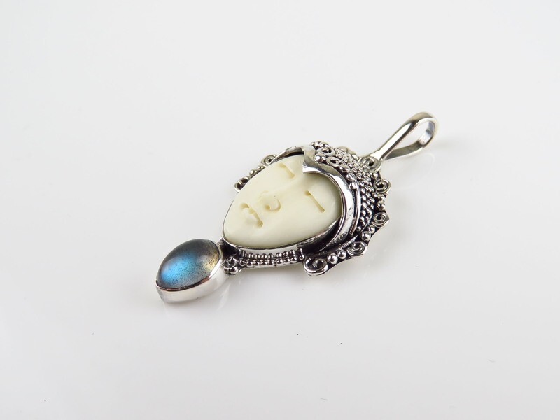 Sterling Silver, Labradorite, Carved Bone, Goddess Pendant GJ-153