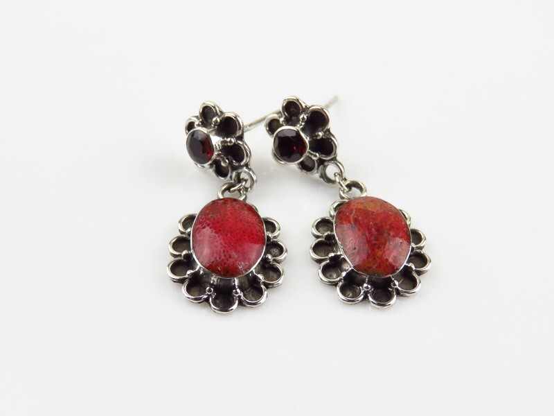 Sterling Silver, Red Coral, Garnet, Gemstone Earrings ER-1153