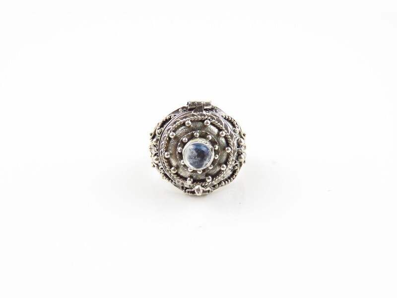 Sterling Silver, Rainbow Moonstone, Bali Motif, Locket Ring LR-147