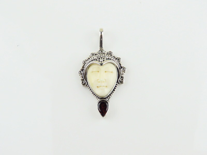 Sterling Silver, Garnet, Carved Bone, Goddess Pendant GJ-164