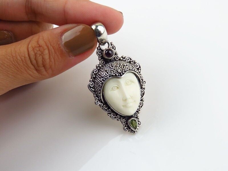 Sterling Silver, Tourmaline, Peridot, Carved Bone, Goddess Pendant GJ-159