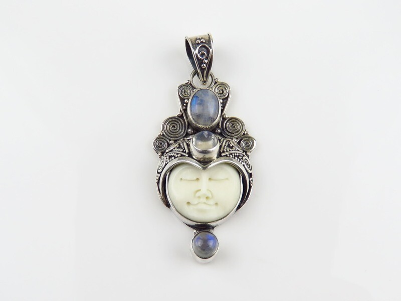 Sterling Silver, Rainbow Moonstone, Carved Bone, Goddess Pendant GJ-162