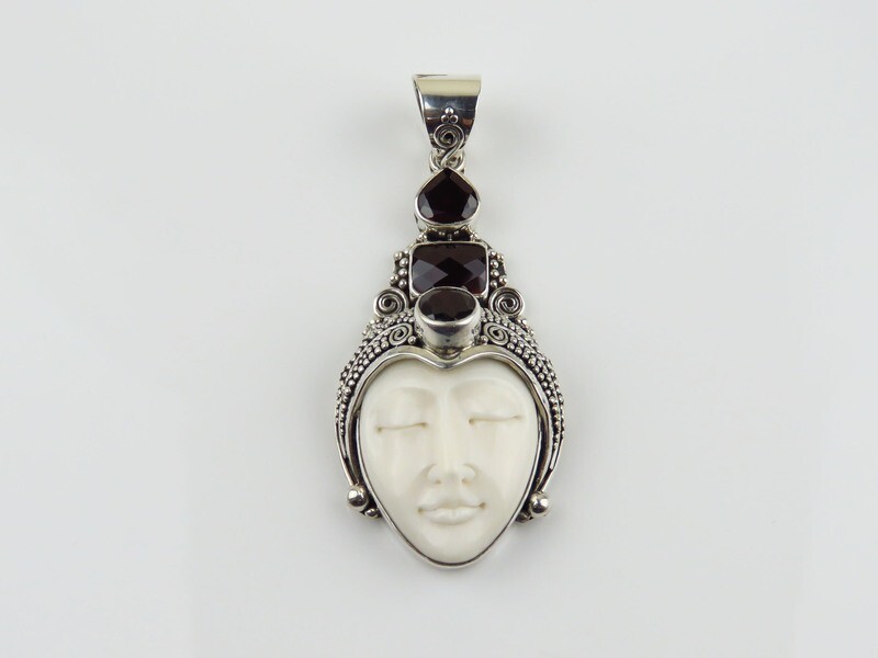 Sterling Silver, Garnet, Carved Bone, Goddess Pendant GJ-160