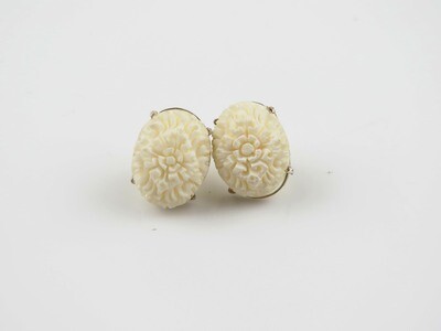 Sterling Silver, Carved Bone Flower, Push back Earrings SE-474