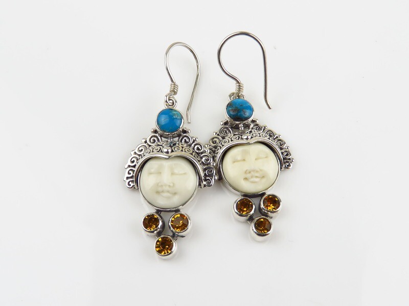 Sterling Silver, Turquoise, Citrine, Carved Bone, Goddess Earrings GJ-163