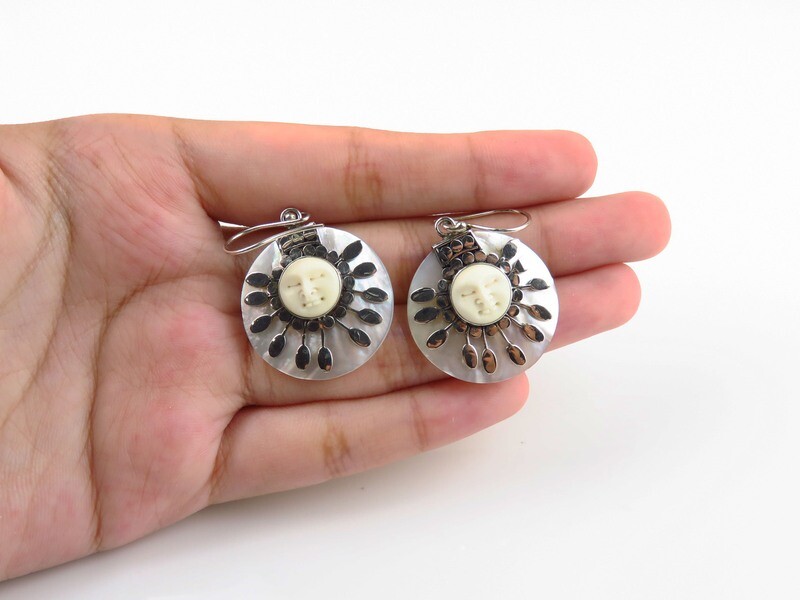Sterling Silver, White Shell, Carved Face, Dangle Earrings SSE-128
