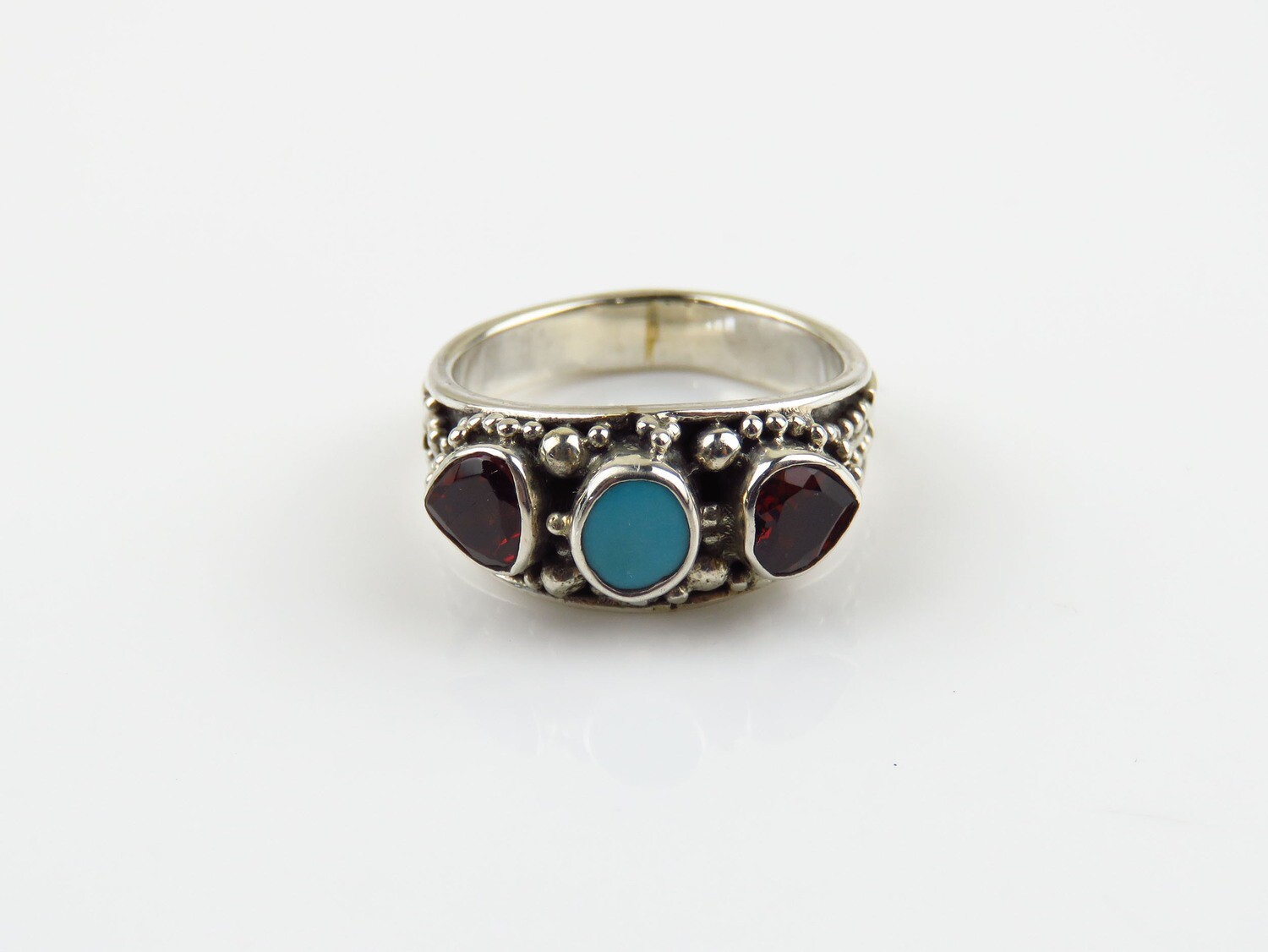 Sterling Silver, Garnet, Turquoise, Gemstone Ring RI-1132