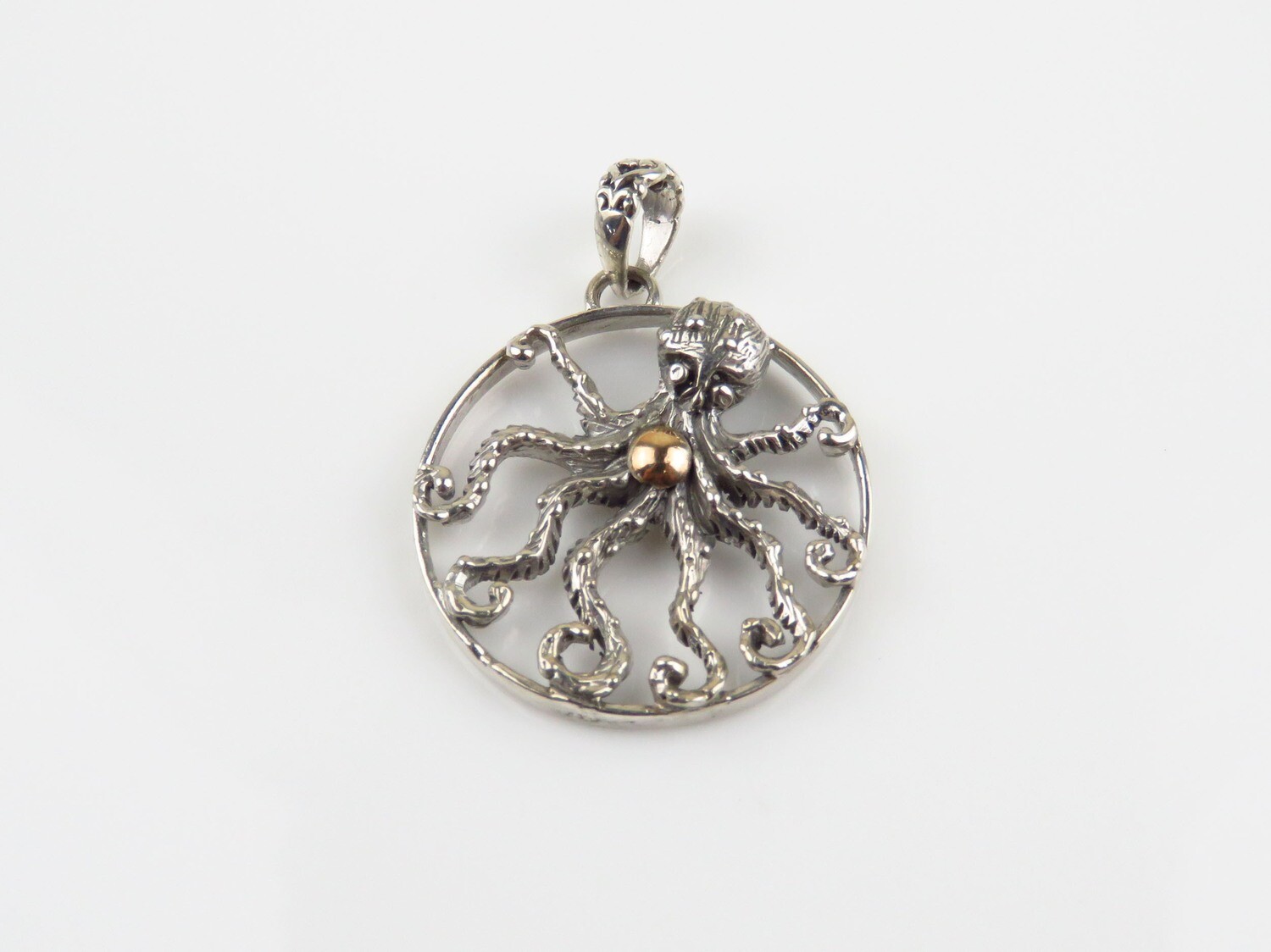 Sterling Silver, 18k Gold Highlight, Octopus, Round Pendant SSP-225