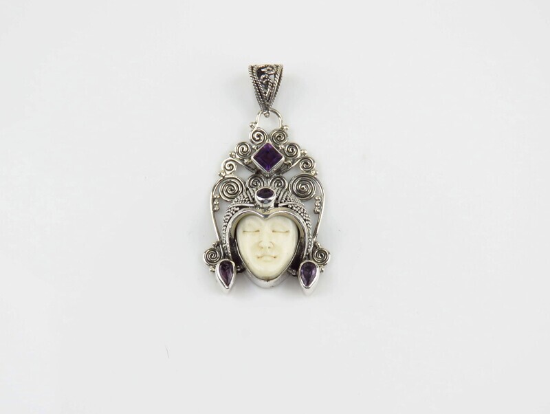 Sterling Silver, Amethyst, Carved Bone, Goddess Pendant GJ-175