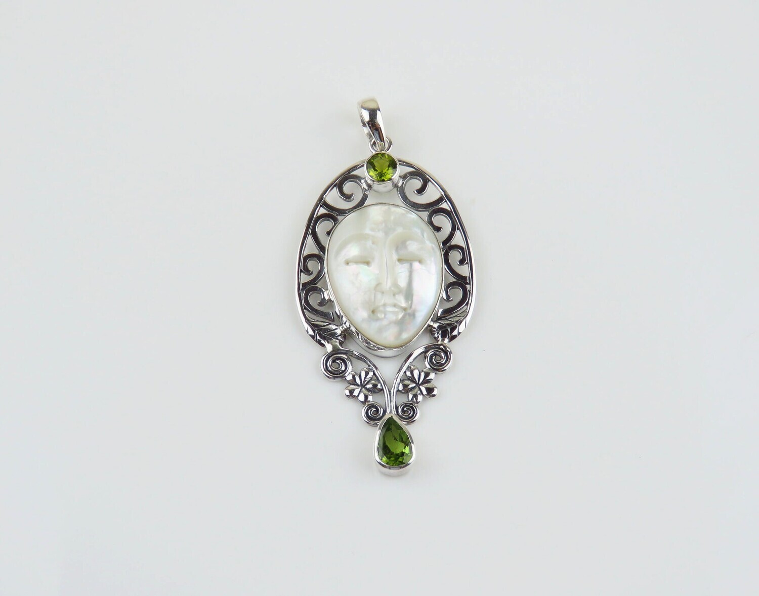 Sterling Silver, Carved Shell, Peridot Gemstone Pendant SHP-174