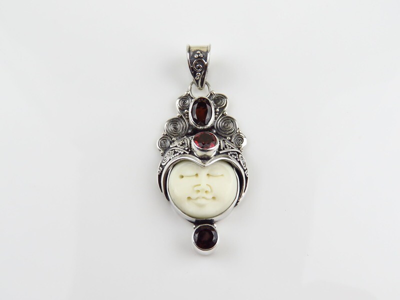 Sterling Silver, Garnet, Carved Bone, Goddess Pendant GJ-167
