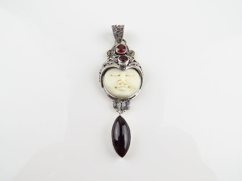 Sterling Silver, Garnet, Carved Bone, Goddess Pendant GJ-169