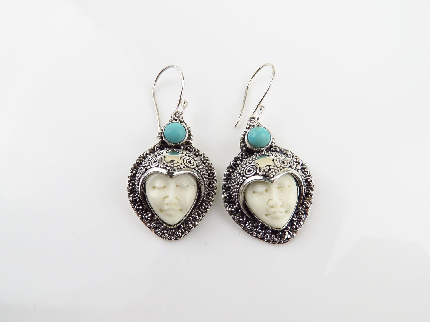 Sterling Silver, Turquoise, Carved Bone, Goddess Earrings GJ-168