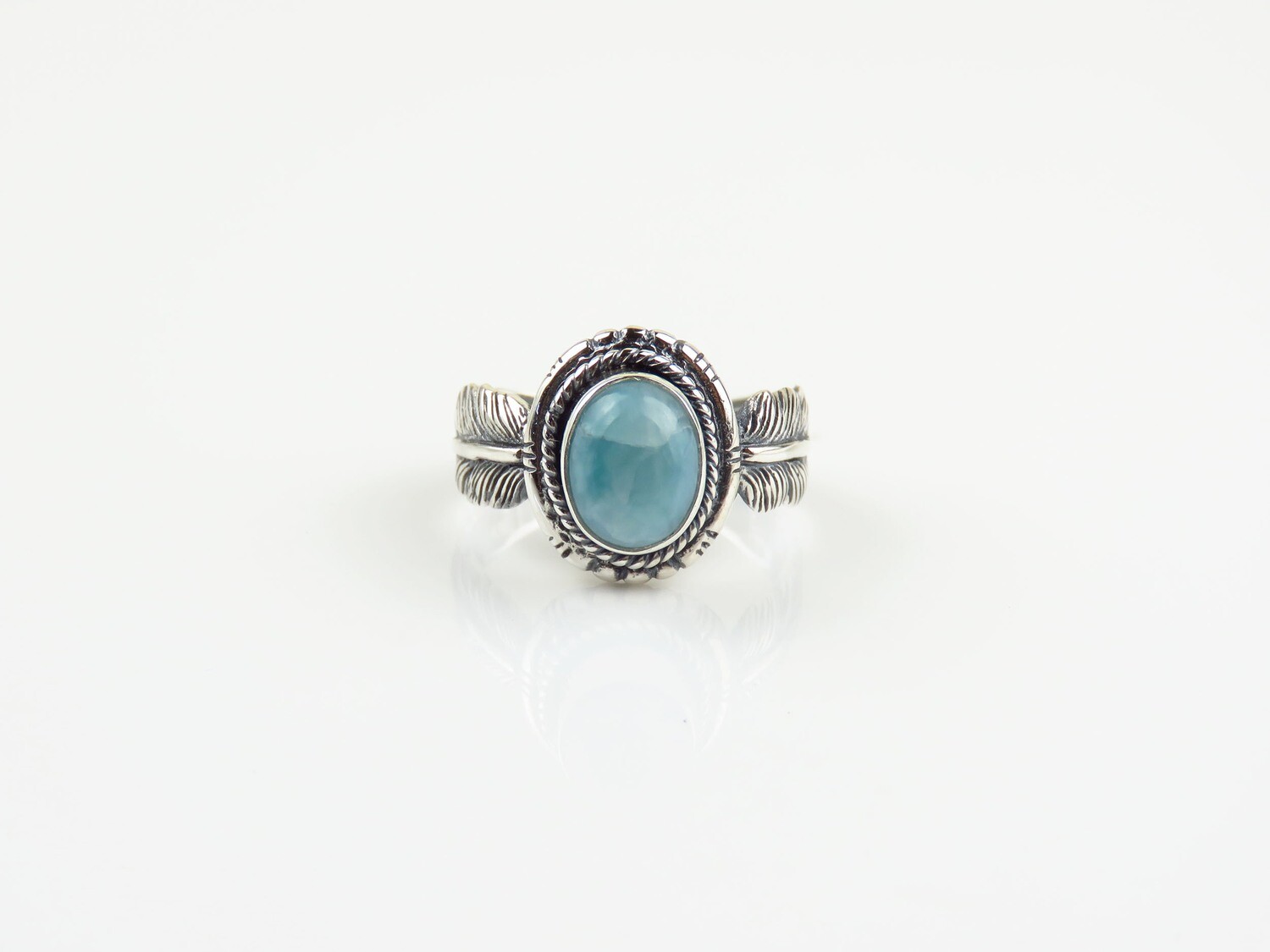 Sterling Silver, Larimar Gemstone, Leaf Design Band Ring RI-1148
