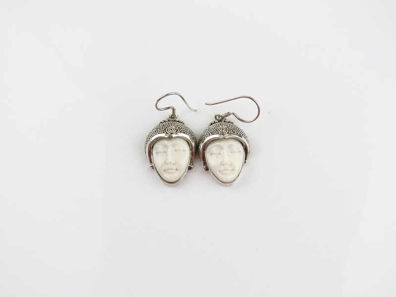Sterling Silver, Carved Bone, Goddess Dangle Earrings GJ-180