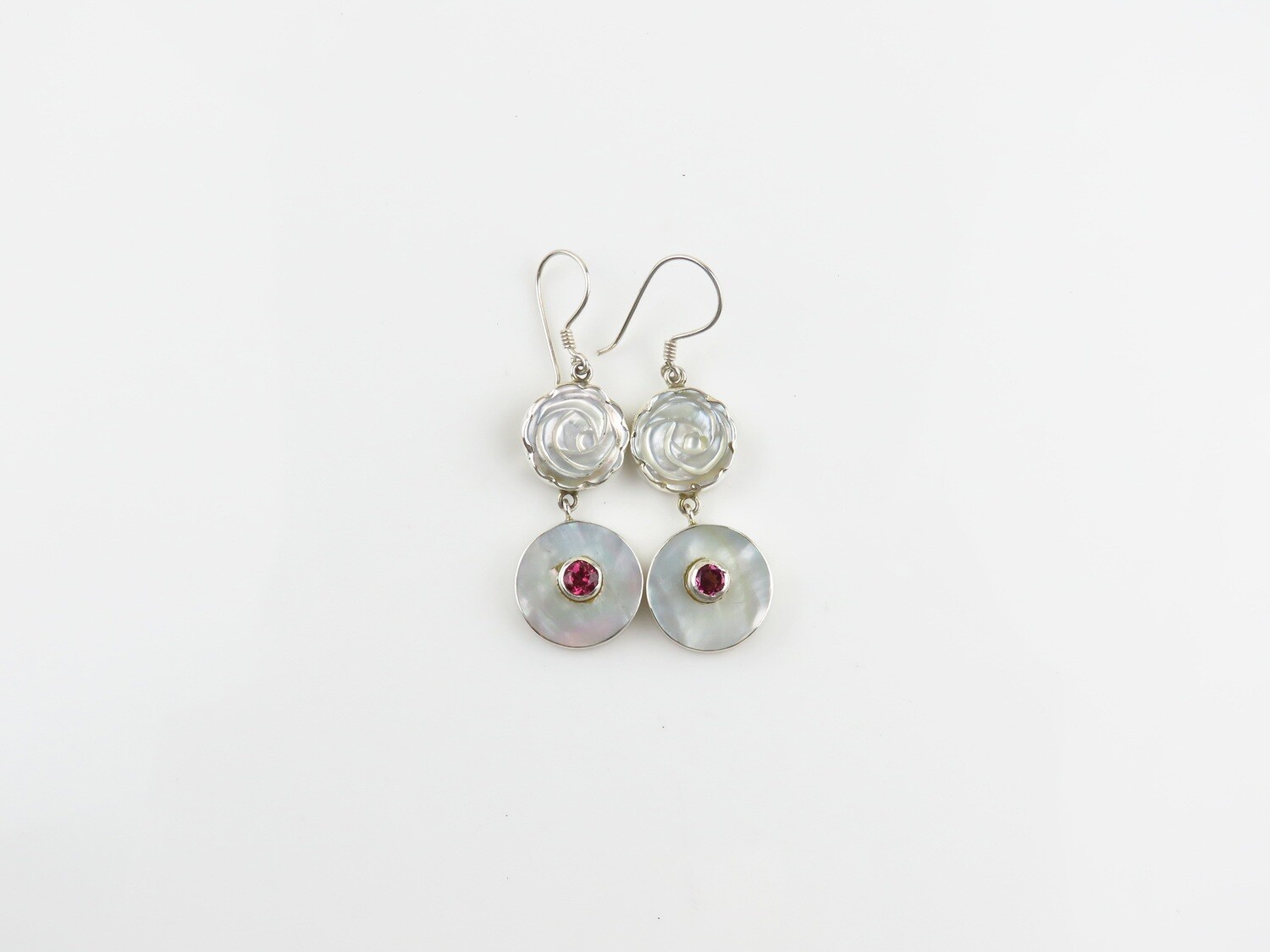 Sterling Silver, Carved Flower, Pink Zircon Gemstone, Dangle Earrings ER-1161