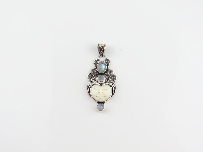 Sterling Silver, Rainbow Moonstone, Carved Bone, Goddess Pendant GJ-178