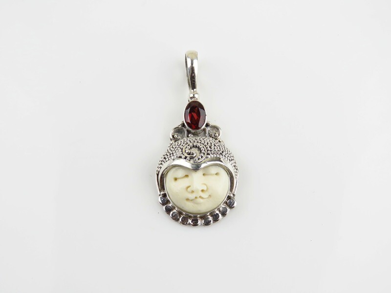 Sterling Silver, Garnet Gemstone, Carved Bone, Goddess Pendant GJ-181