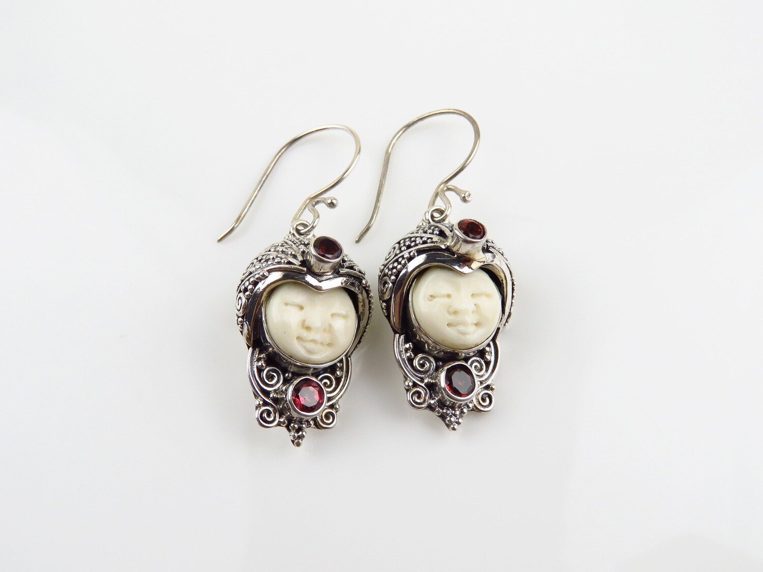 Sterling Silver, Garnet, Carved Ox Bone, Goddess Earrings GJ-182