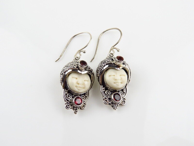 Sterling Silver, Garnet, Carved Ox Bone, Goddess Earrings GJ-182