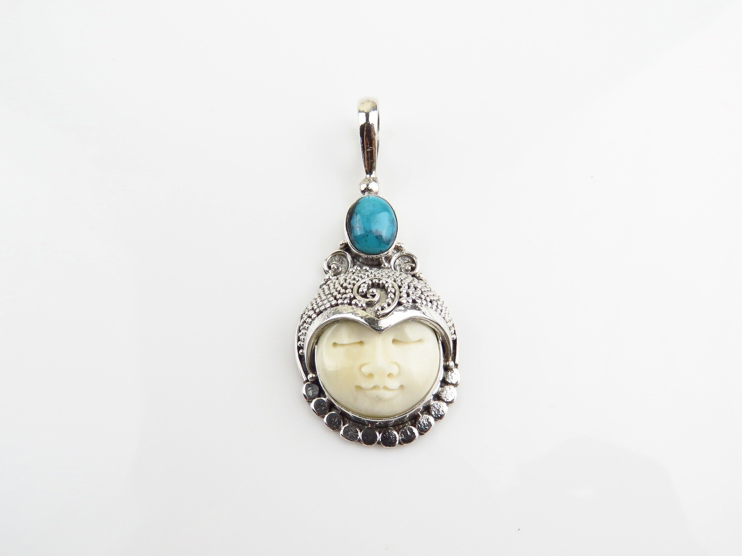 Sterling Silver, Turquoise, Carved Ox Bone, Goddess Pendant GJ-184
