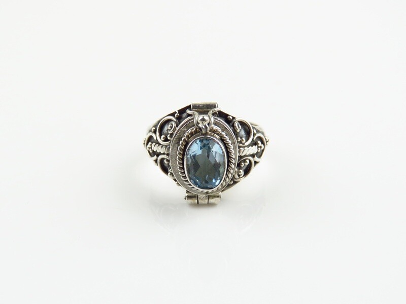 Sterling Silver, Blue Topaz Gemstone, Locket Ring LR-158