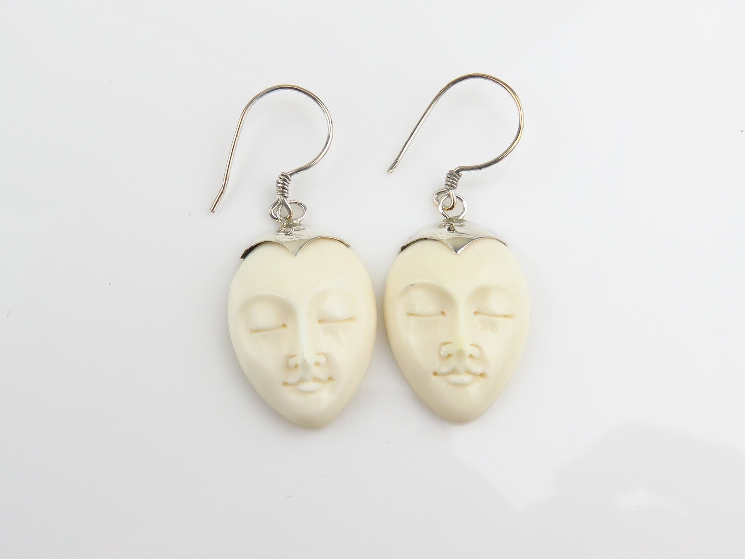 Sterling Silver, Carved Bone, Face, Dangle Earrings BE-102