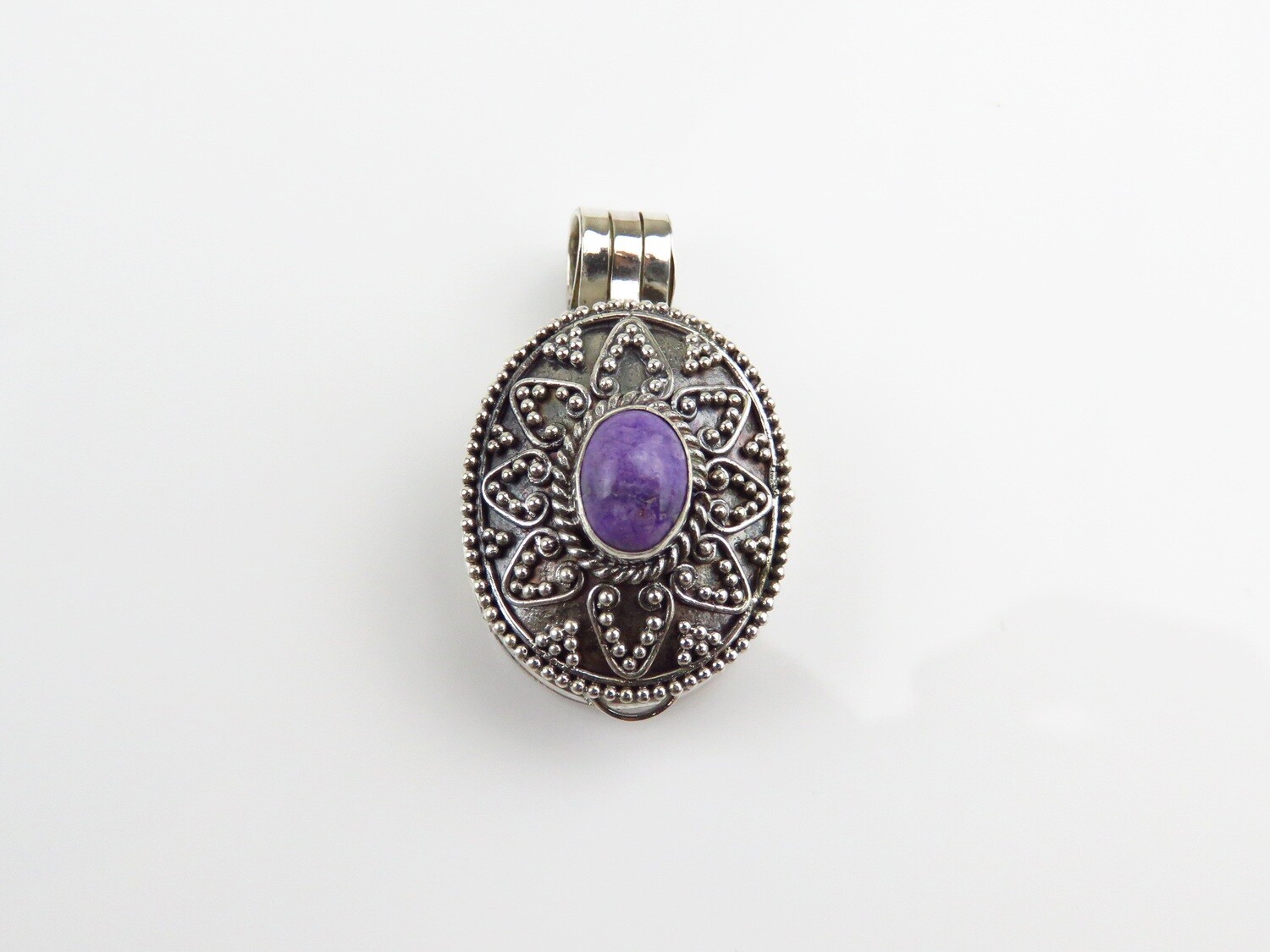 Sterling Silver Sugilite Gemstone Bali Motif Oval Locket Pendant LP-316