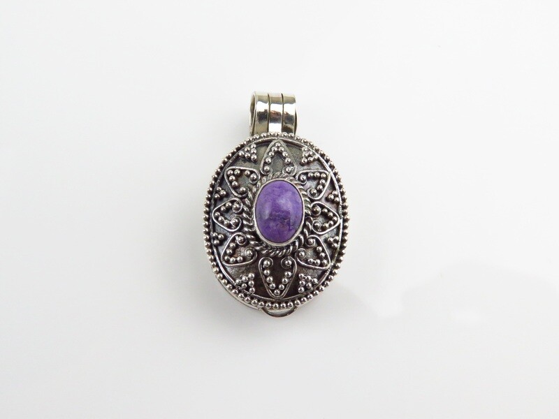 Sterling Silver Sugilite Gemstone Bali Motif Oval Locket Pendant LP-316
