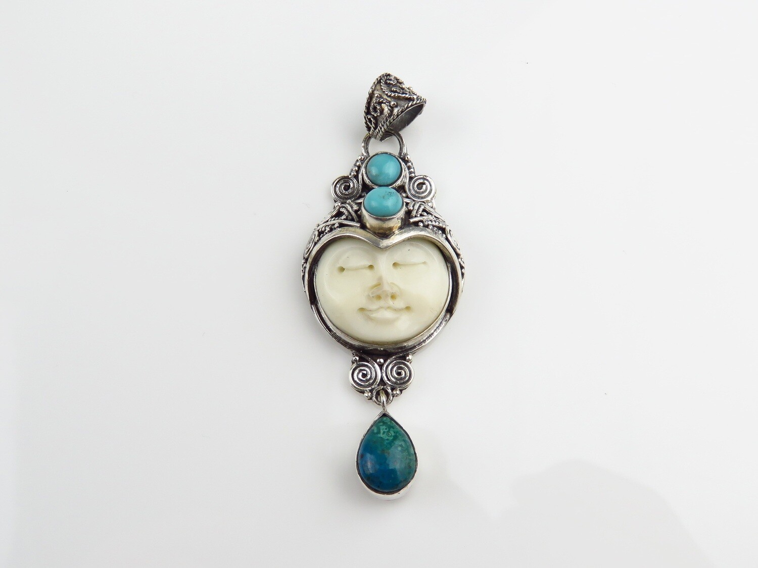 Sterling Silver, Turquoise, Chrysocolla, Carved Bone, Goddess Pendant GJ-186