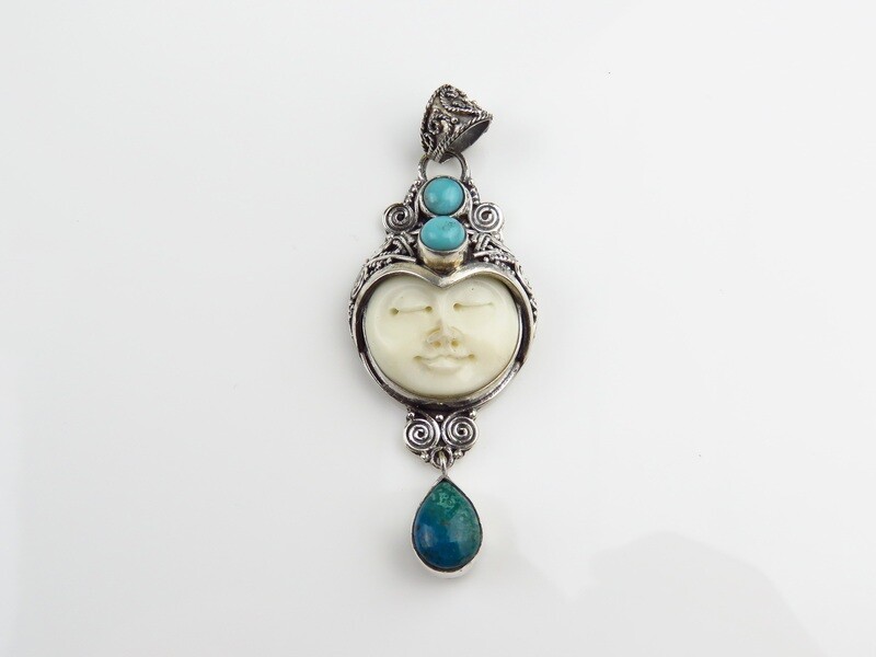 Sterling Silver, Turquoise, Chrysocolla, Carved Bone, Goddess Pendant GJ-186