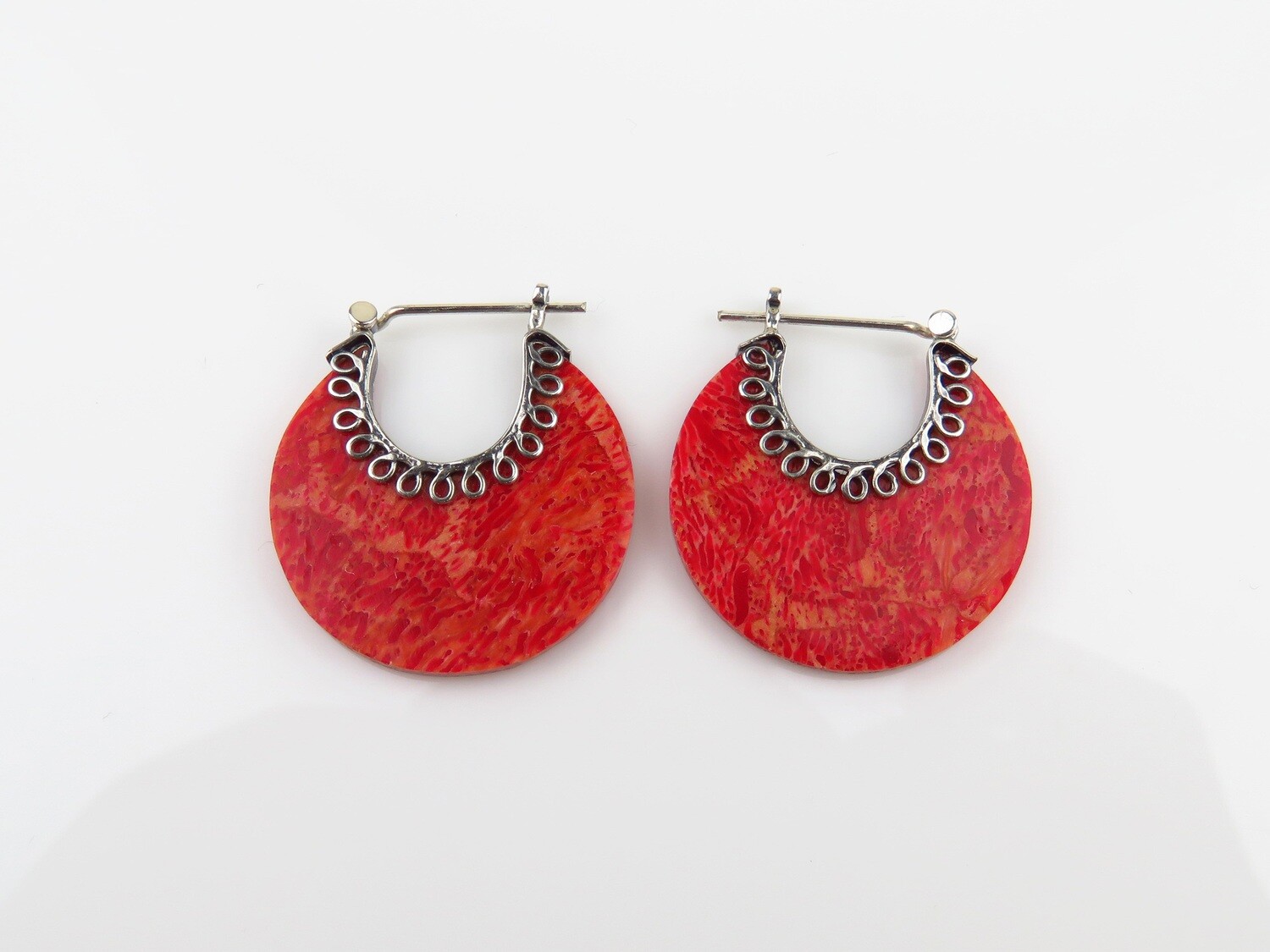 Sterling Silver, Red Coral, Shell Hook Earrings SSE-139