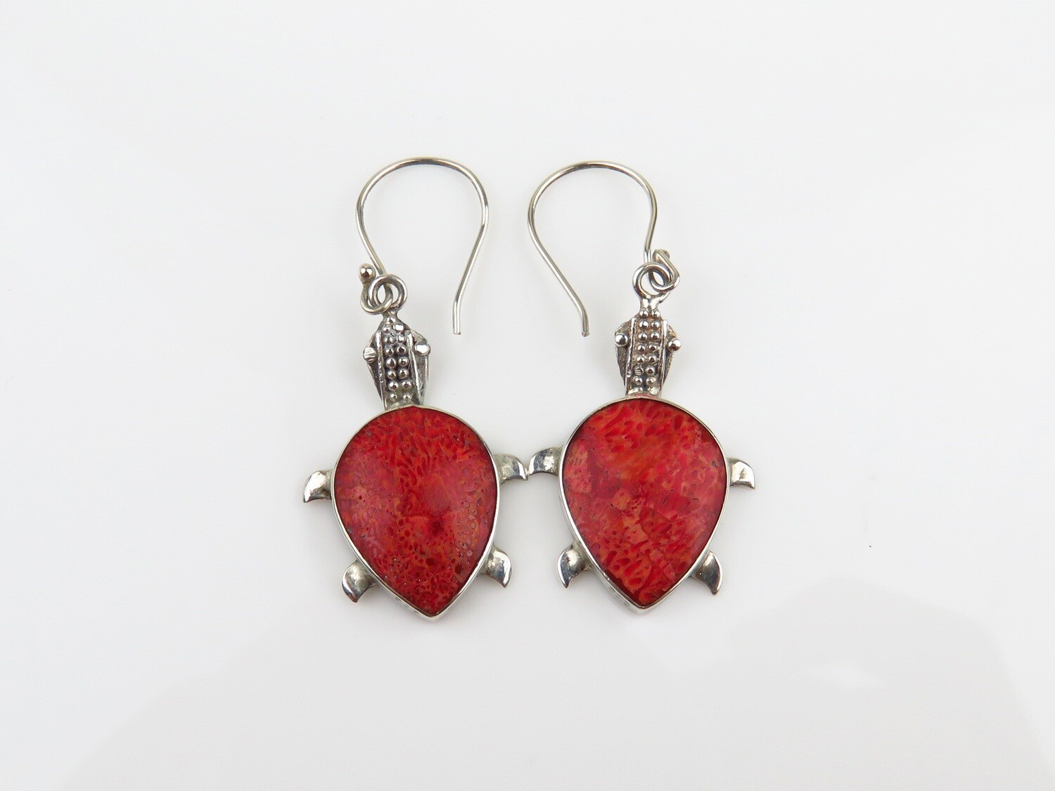 Sterling Silver, Red Coral, Turtle Design, Dangle Earrings SSE-141