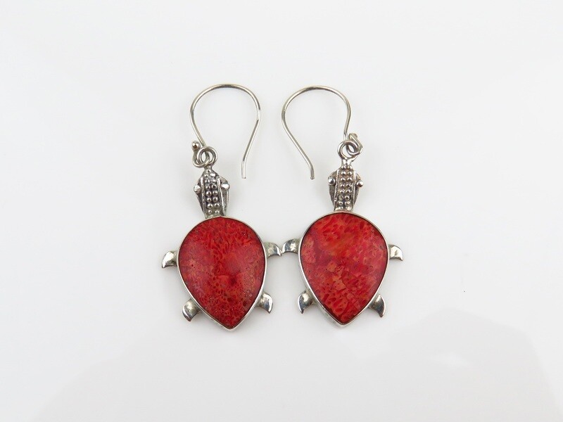 Sterling Silver, Red Coral, Turtle Design, Dangle Earrings SSE-141