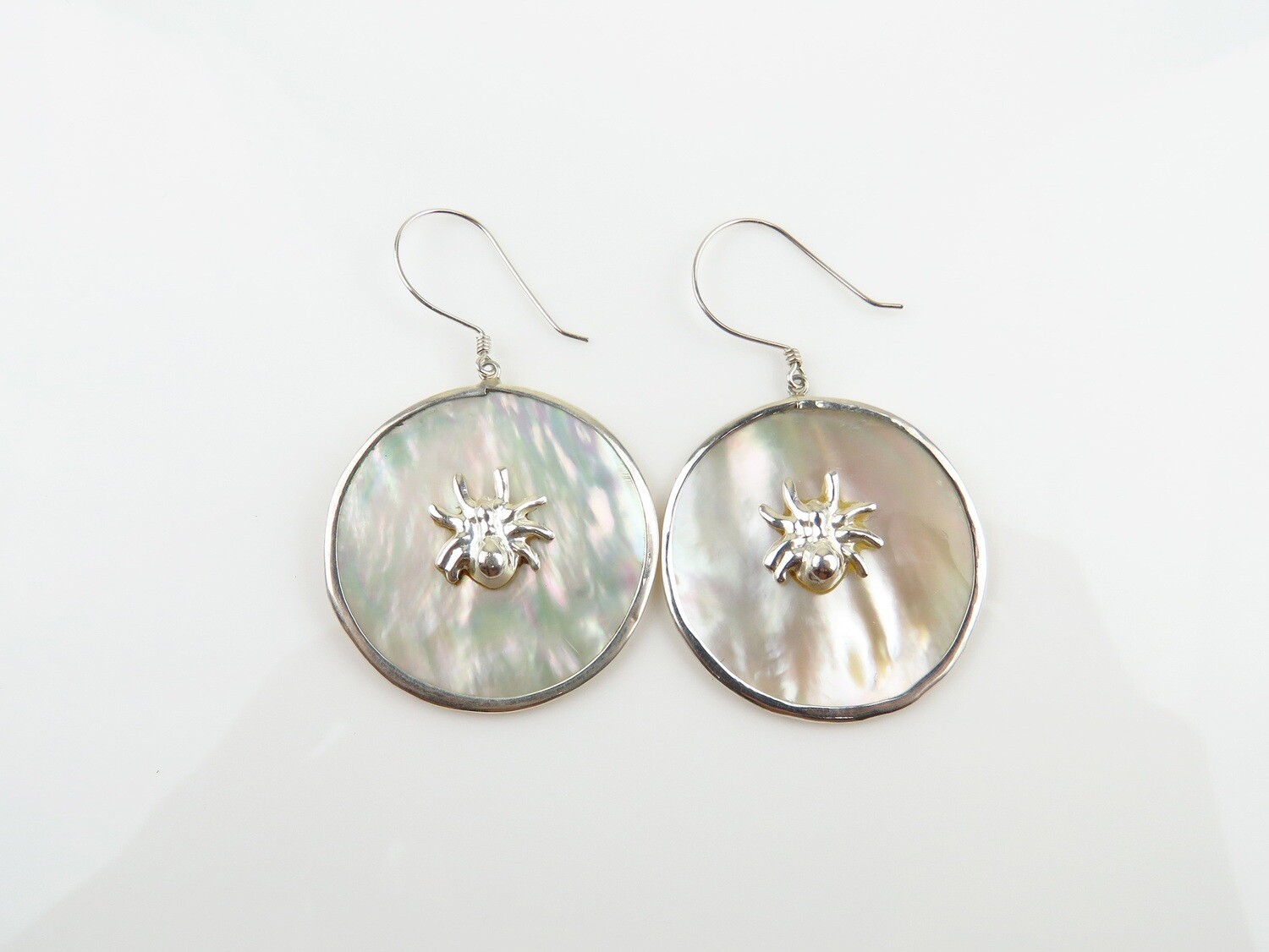 Sterling Silver, White Shell, Round Dangle Earrings SSE-131